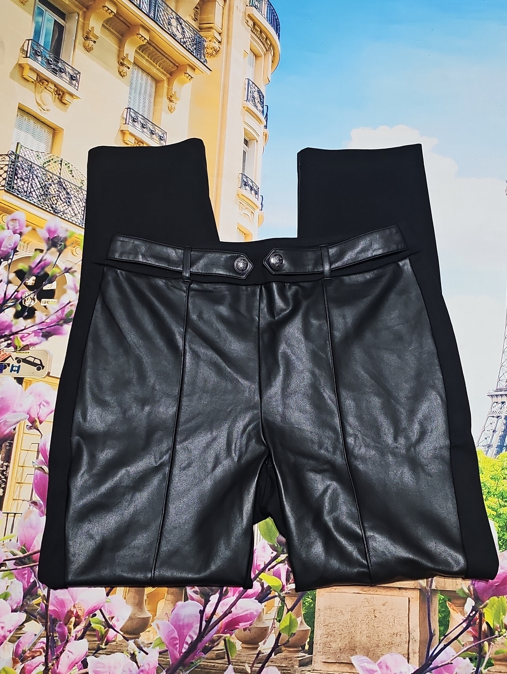 J. McLaughlin Black Faux Leather-Front Pleated Pants Size Medium - Picture 2 of 6
